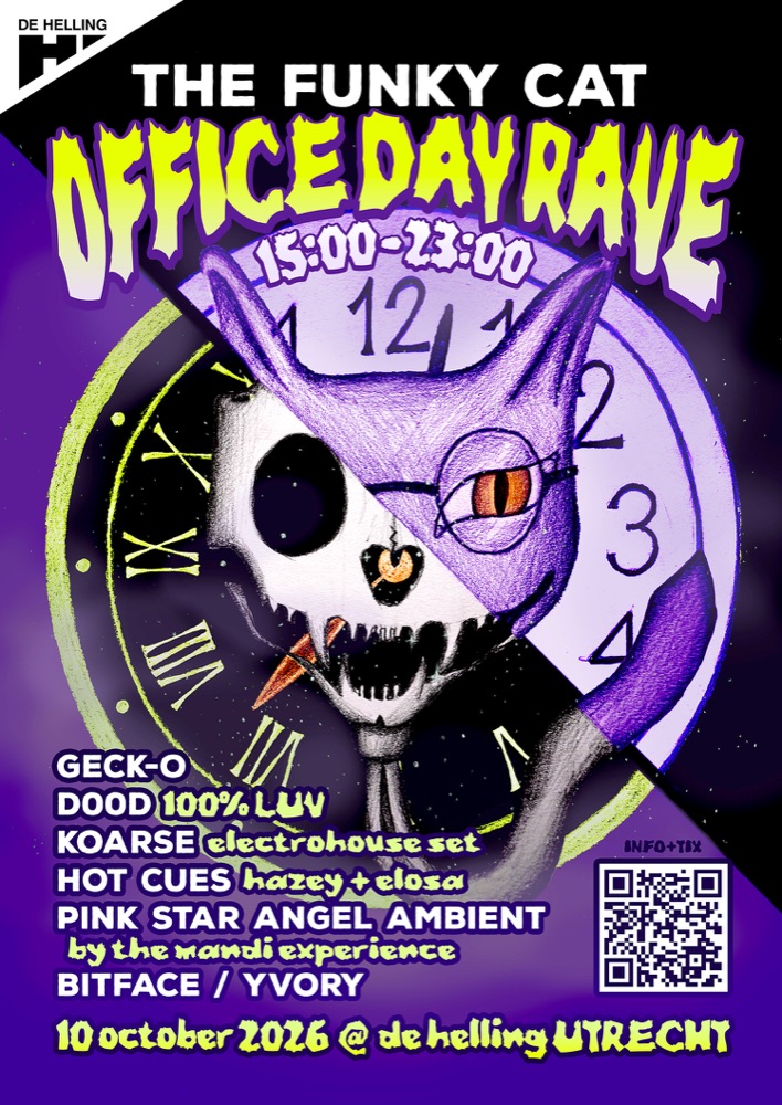 Office Day Rave poster: a grinning cat in a suit with a clock, line-up and date